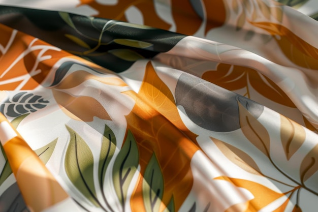 Photo folded fabric adorned with a vibrant botanical pattern featuring leaves in shades of green orange and beige softly illuminated by natural light