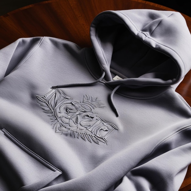 Photo a folded hoodie with a customizable logo placed on a wooden table