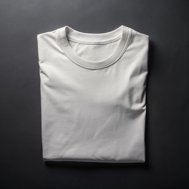 Folded white cotton blank tshirt laid flat on a dark black background for mockup