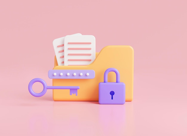 Folder icon with padlock key and password Modern private folder safe confidential information data storage file lock Data security concept 3D rendering illustration minimal style