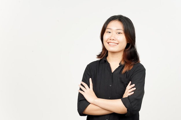 Folding arms and smiling at camera of Beautiful Asian Woman Isolated On White Background