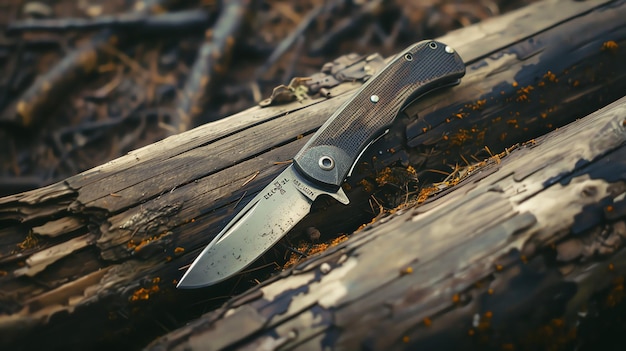 A folding knife with a wood handle sits on a log