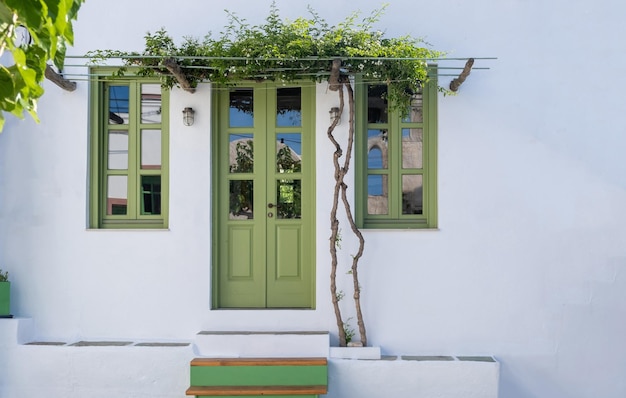 Folegandros island Greece Cyclades Whitewashed wall with flowering jasmine