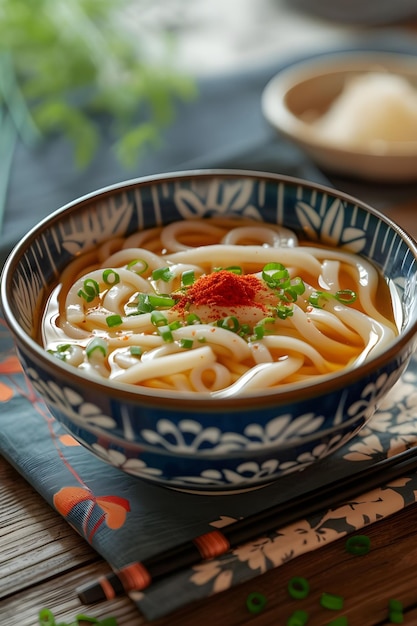 Folk Fusion Udon Noodle Soup in Stylish Background