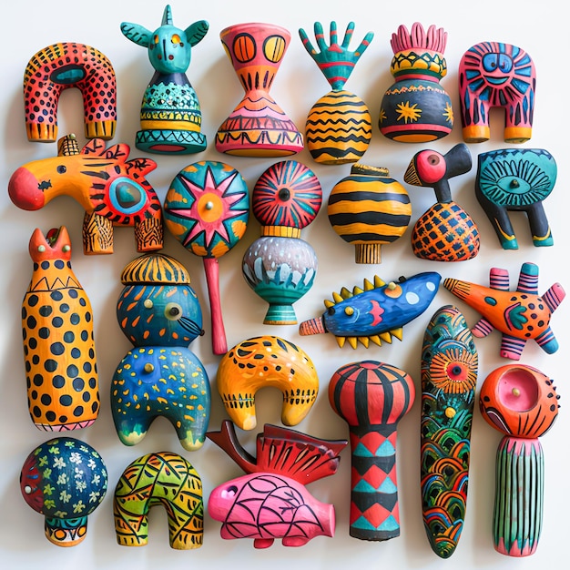 Folk Toy Extravaganza Vibrant Handcrafted Creations on White Background with Stunning Detail