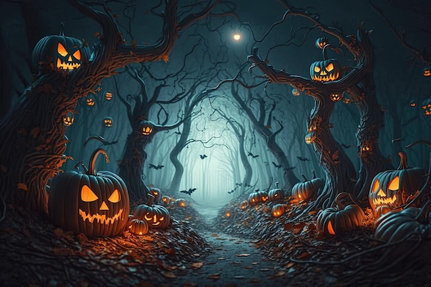 Follow into the depths of the creepy forest The trail is illuminated by spooky pumpkins fear fairy tales scarecrows getting lost big dense trees moon bats themed wallpapers Mystic conceptAI