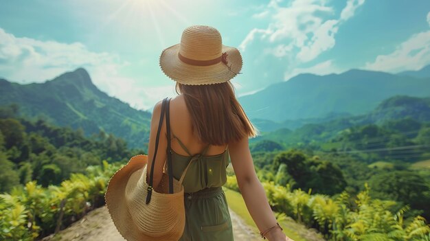 Follow me concept and traveling together Girl traveler wearing hat round straw bag a Generative AI