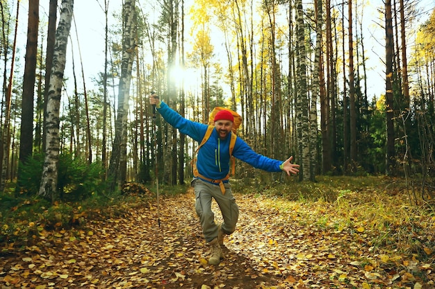 follow me on a hike, a man invites you to a forest hike, autumn landscape in the forest in nature