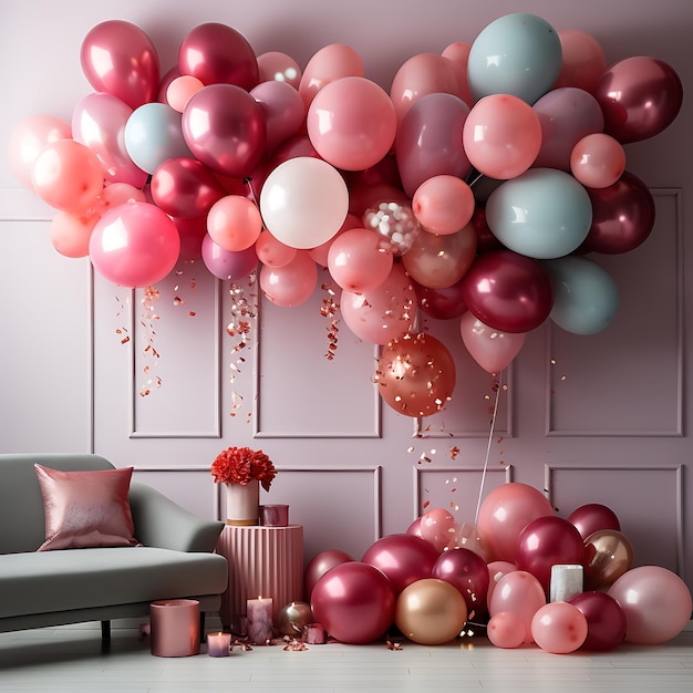 Fondo brillante degradado vacio con suelo de cermica blanca decorada con globos rojos y rosados