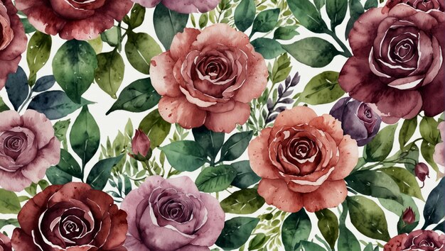 Fondo floral de primavera de acuarela en tonos purpuras rosas y verdes sobre fondo blanco Watercolor illustration