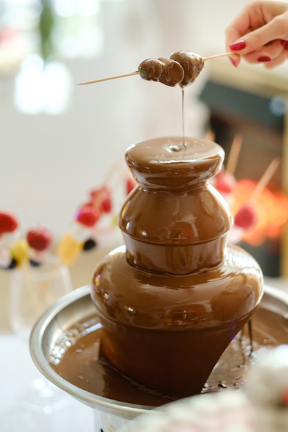 Fondue with a chocolate fountain and sweets for it.Sweet theme