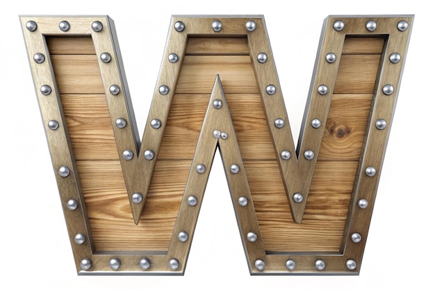 Photo font made of wooden board with metal frame and rivets 3d rendering letter w