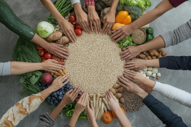 Photo food as a human right a powerful image of a diverse group of people holding hands in a circle