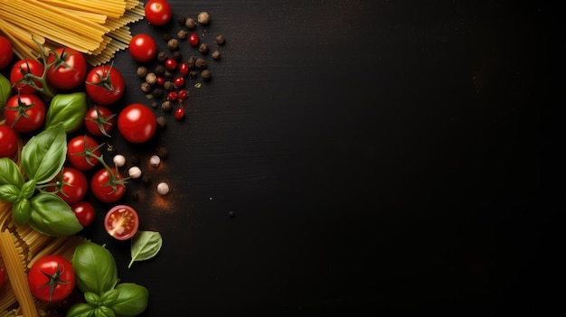 Food background Italian food background with pasta tomatoes and basil on a dark background