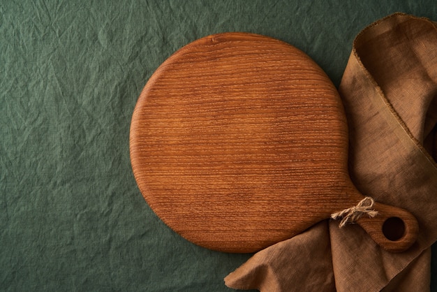 Food background mockup with round wooden cutting board