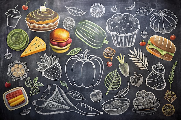 Food background pattern and texture Healthy eating line icons