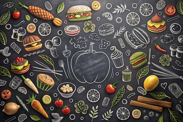 Food background pattern and texture Healthy eating line icons