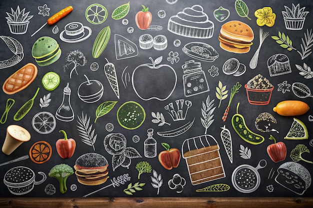 Food background pattern and texture Healthy eating line icons