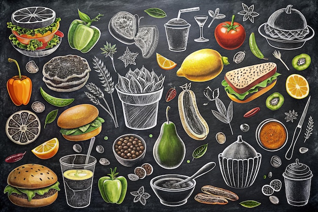 Food background pattern and texture Healthy eating line icons