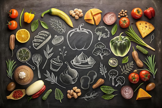 Food background pattern and texture Healthy eating line icons