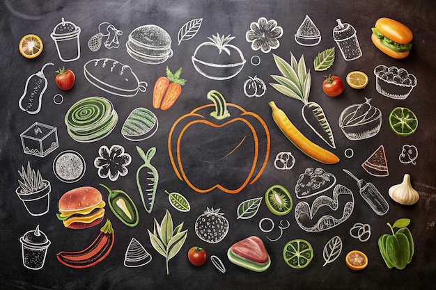 Food background pattern and texture Healthy eating line icons