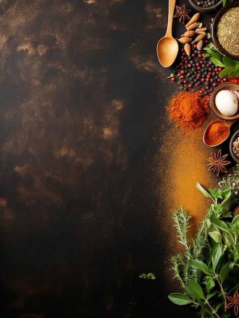 Food background Spices herbs and kitchen tools Top view free space for your text Rustic style