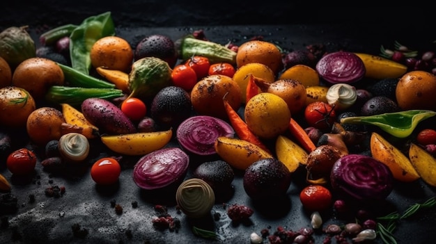 Food background of vegetables on the grill healthy summer food on black shale AI Generative