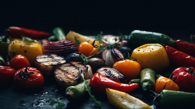 Food background of vegetables on the grill healthy summer food on black shale AI Generative