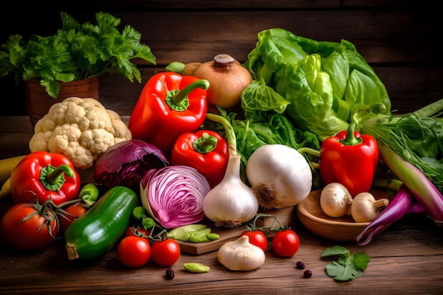 Food background with assortment of fresh organic vegetables on dark wooden background AI generated