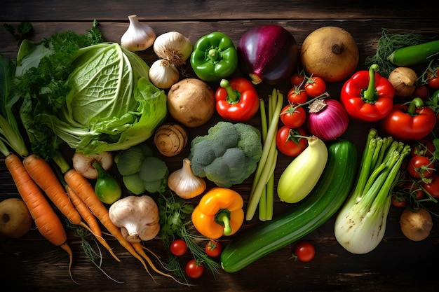 Food background with assortment of fresh organic vegetables on dark wooden background Top view AI generated