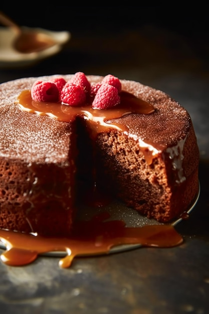 Food bakery and holiday baking recipe chocolate cake pudding with cocoa caramel sauce generative ai