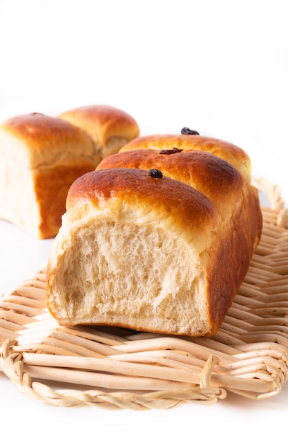 Food Baking concept Fresh baked organic homemade soft milk loaf bread on Wicker bread tray