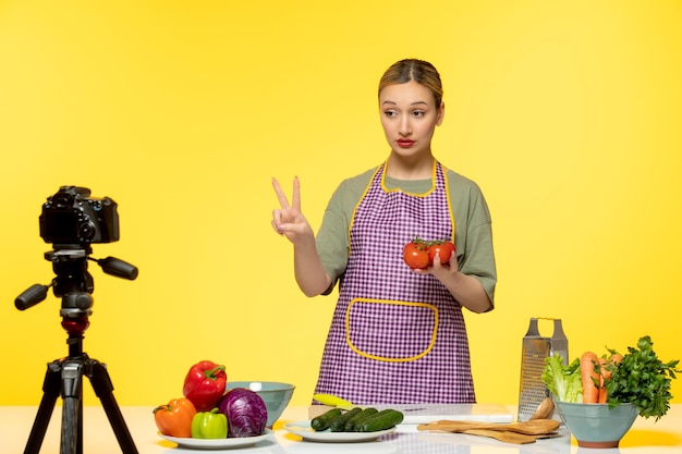 Food blogger adorable healthy chef recording video for social media holding two tomatoes