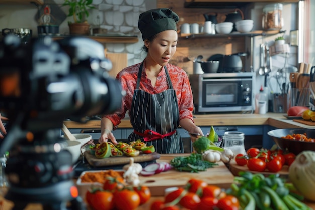 Photo food blogger asian woman chef streaming live