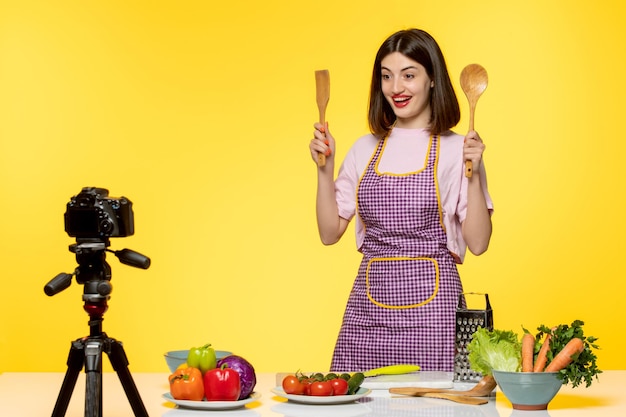 Food blogger cute fitness cook recording video for social media