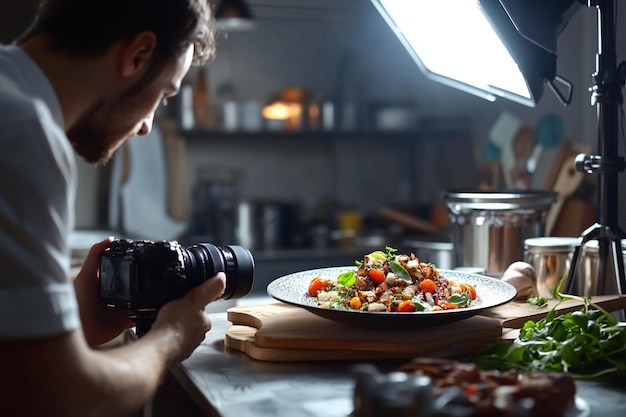 Photo food blogger photographing a dish