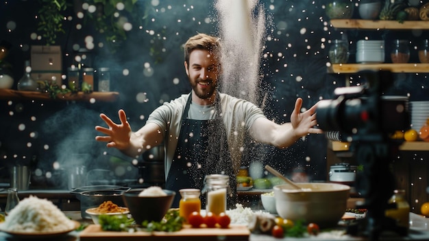 Photo food blogger throwing rice in the air while recording a video