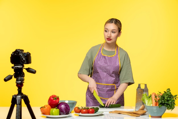 Food blogger young fitness cook recording video for social media explaining how to cut