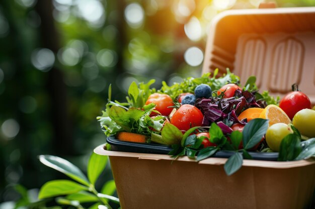 Photo food box with vegetables and fruits copy space for your logo or graphic design