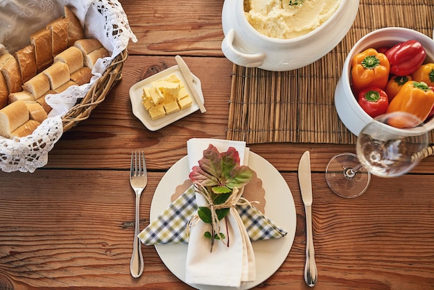 Food breakfast and top view meal and nutrition with plate healthy with pepper bread and butter on table Nutrition napkin and cutlery for feast healthy dish and lunch in home during morning