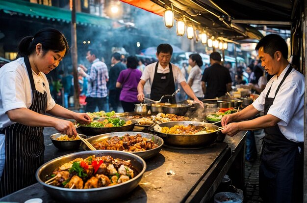 a food buffet with several people serving food on a counter