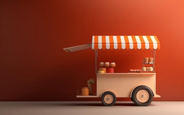 A food cart with a orange awning that says'ice cream'on it