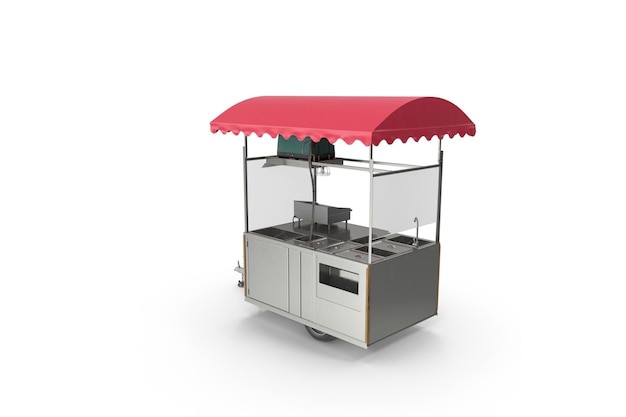 A food cart with a red awning and a red awning.