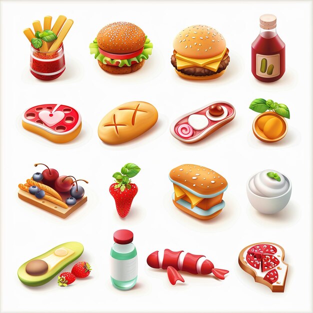 Photo food cartoon 3d vector icon set isolated on white background