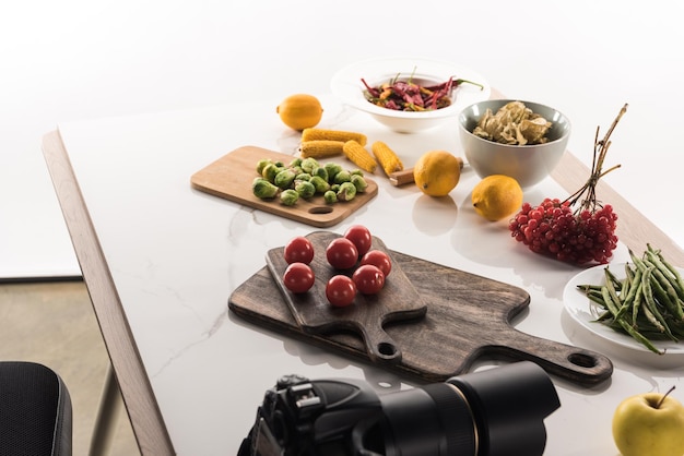 Photo food composition for commercial photography on white with digital camera