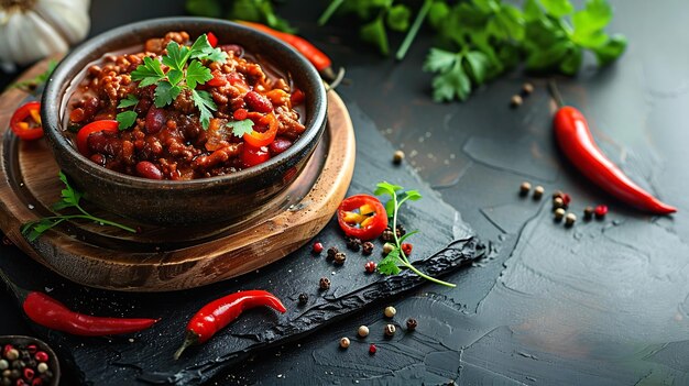 Photo food concept homemade chili con carne on wooden board and black slate stone backgrou generative ai