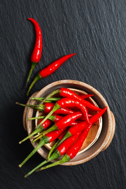 Food concept Thai red chili, Cayenne pepper on bamboo tray 