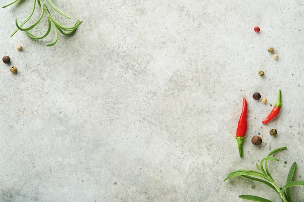 Food cooking background Green rosemary branches peppercorns and hot peppers at light grey slate table Food ingredients top view