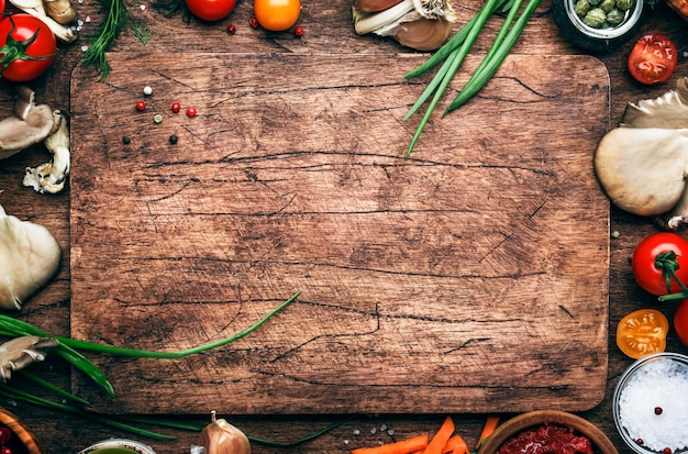 Food cooking background ingredients for preparation vegan dishes vegetables roots spices mushrooms and herbs Old cutting board Healthy food concept Rustic wooden table background top view