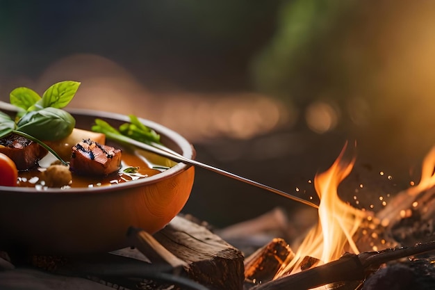 Food cooking on a fire with a wood burning stove